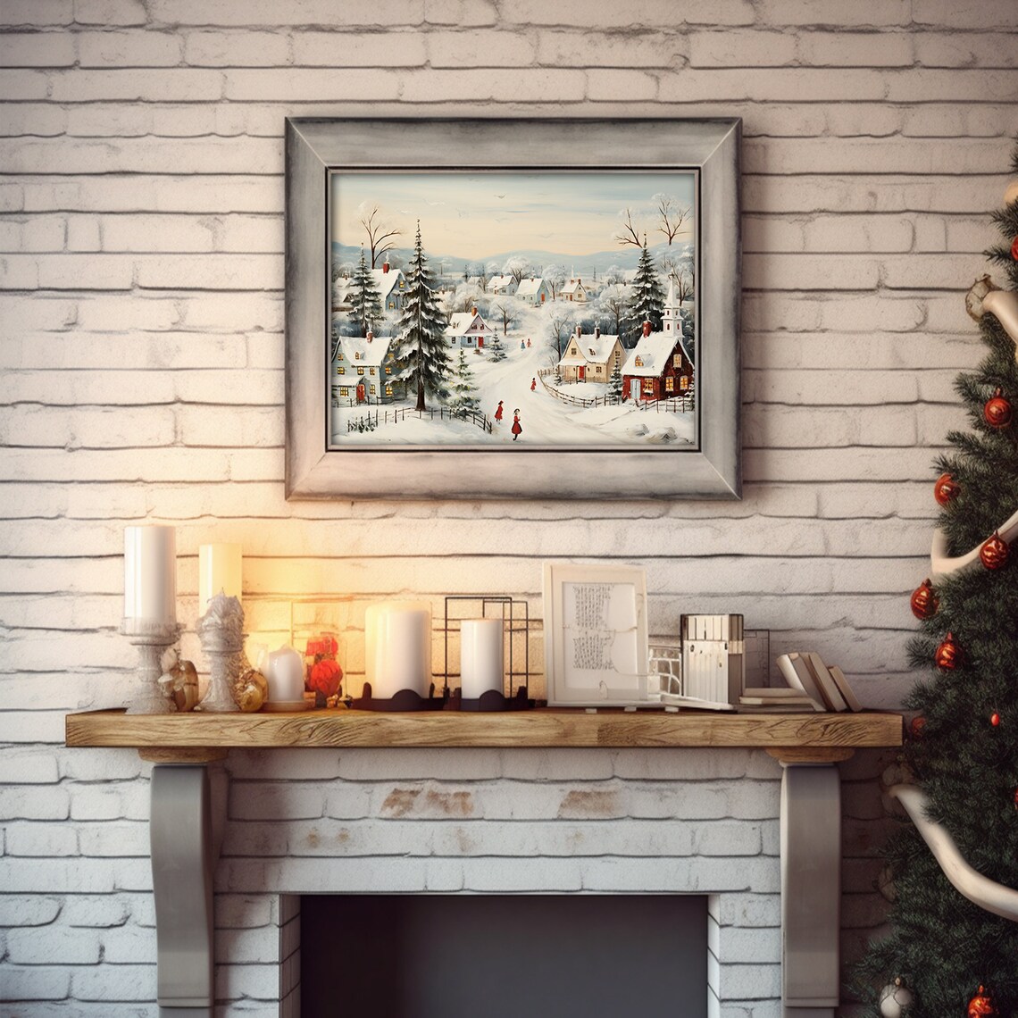 Snowy Village Children Red Coats Church Vintage Christmas Art Print - Image 3
