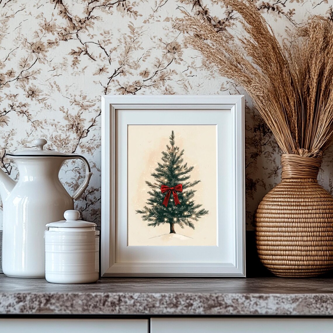 Christmas Tree Red Bow Fairy Lights Minimal Vintage Holiday Poster - Image 4