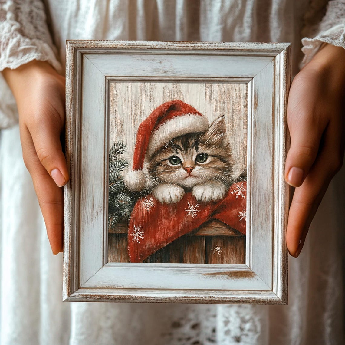 Tabby Kitten in a Santa Hat Peeking Over a Red Stocking Poster - Image 3
