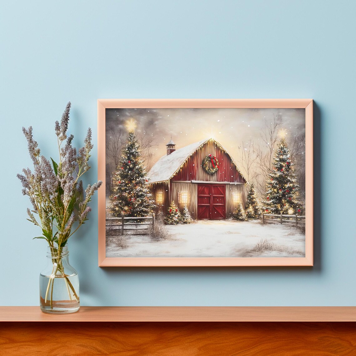 Red Christmas Barn Glowing Trees Snowy Farmhouse Winter Night Poster - Image 3