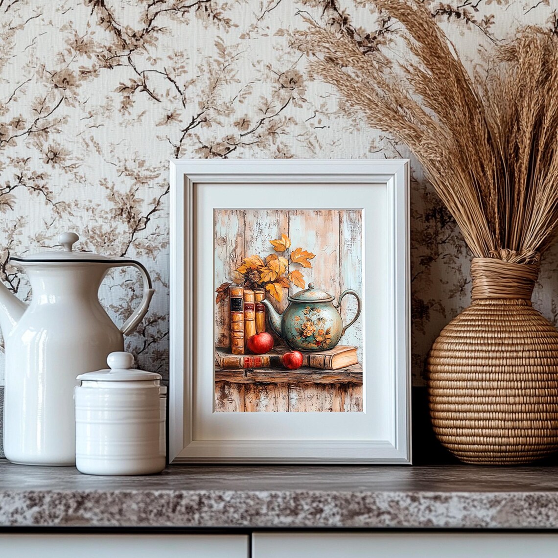 Vintage Floral Teapot With Old Books And Apples Autumn Poster - Image 4