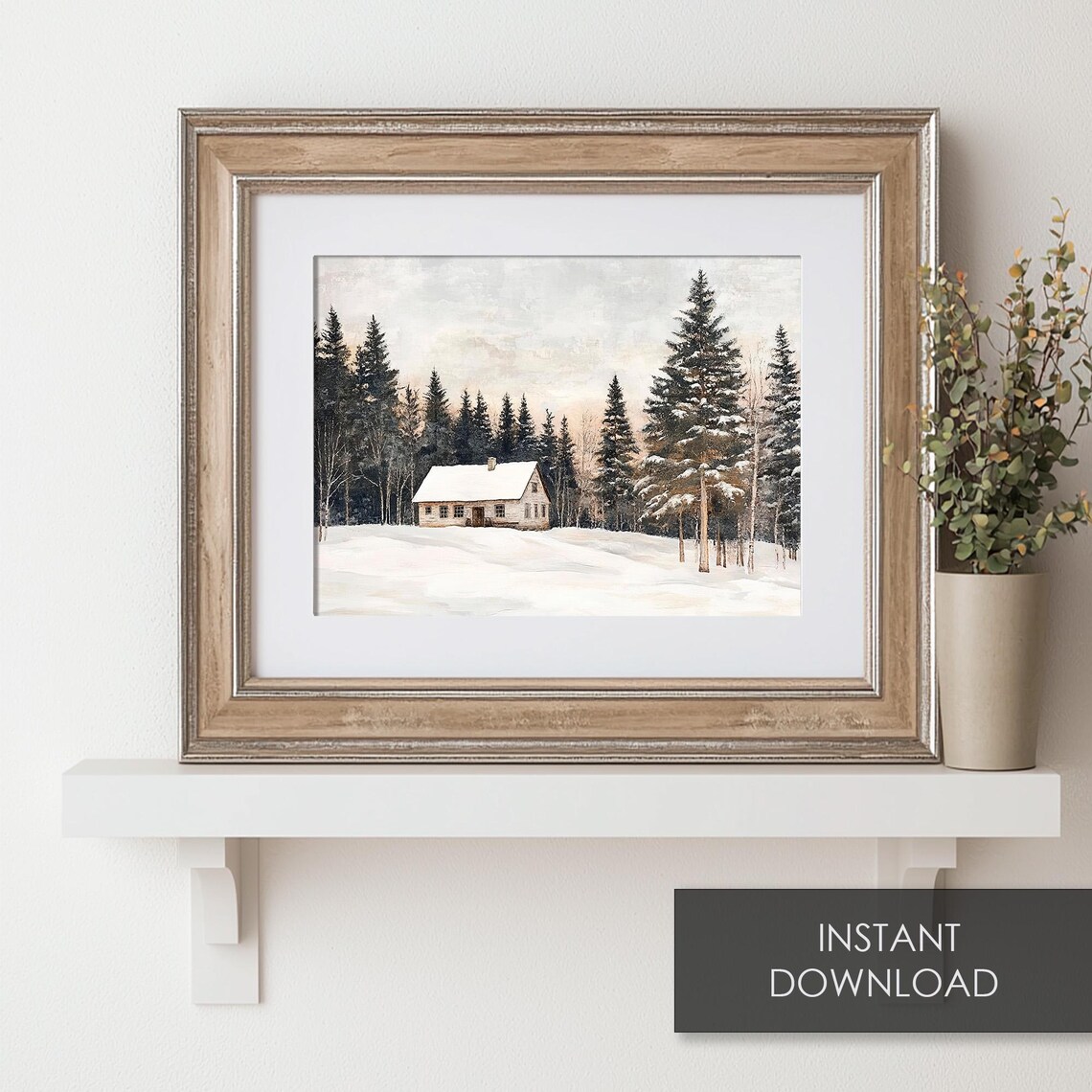 Snowy Forest Cottage Winter Landscape Vintage Oil Painting Wall Art - Image 6