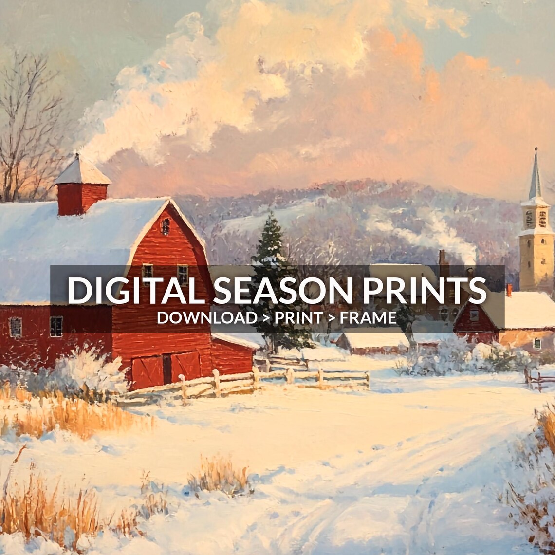 Red Barn Snowy Village Sunrise Winter Farm Countryside Poster - Image 6