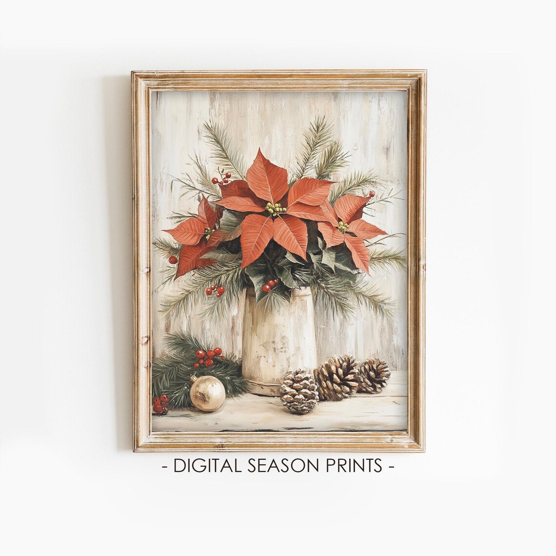 Poinsettia Blooms in a Rustic Pitcher with Pinecones Christmas Poster
