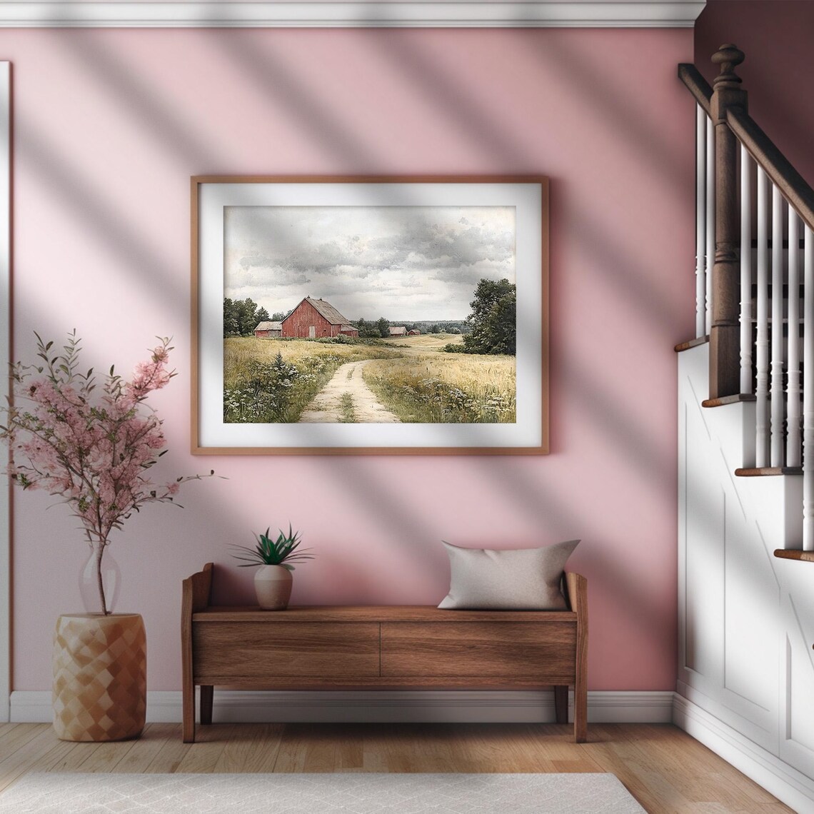 Farmhouse Red Barn Wildflower Landscape Art Print - Image 2