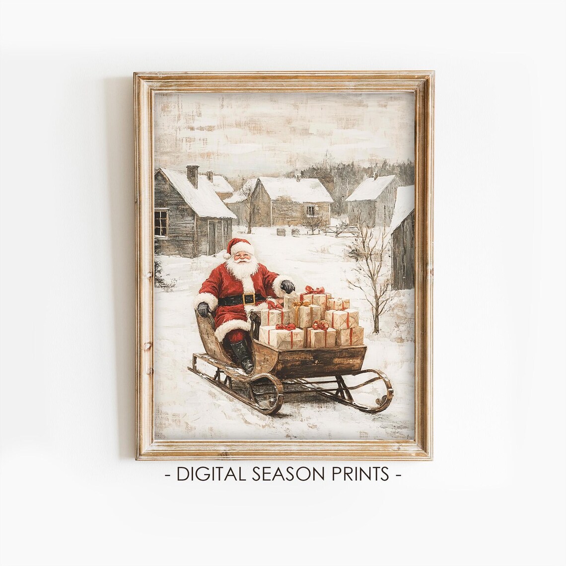 Santa Claus On A Gift Loaded Sleigh In A Snowy Village Poster