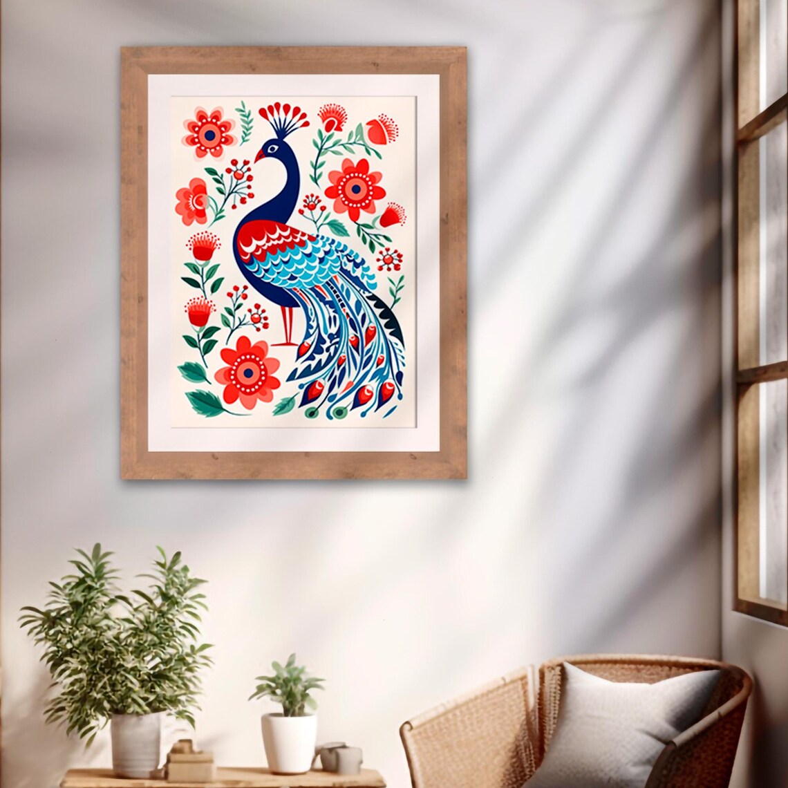 Nordic Scandinavian Folk Art Peacock Navy Red Floral Wall Art - Image 2