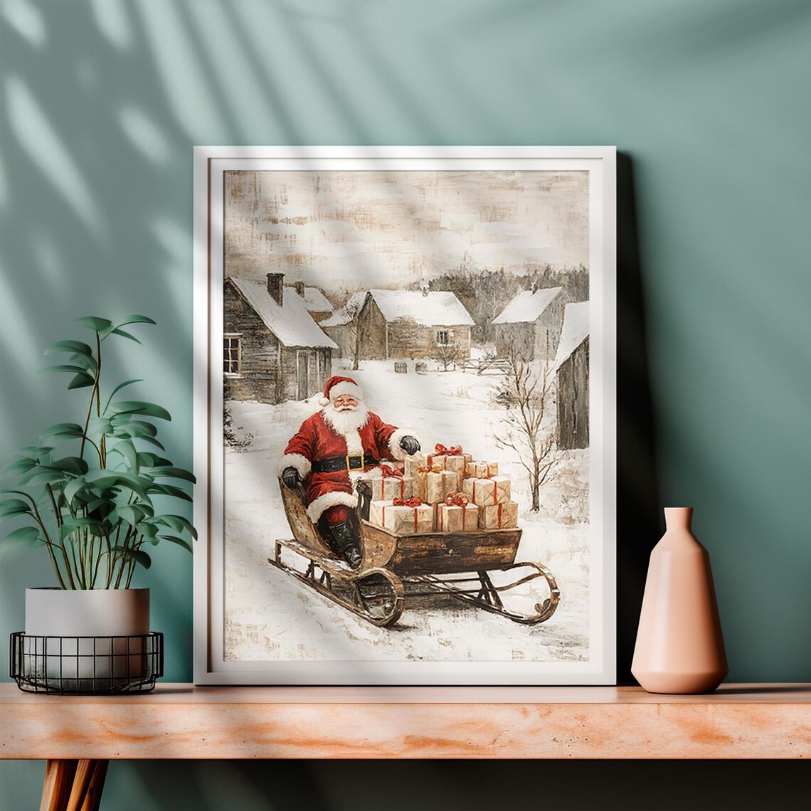 Santa Claus On A Gift Loaded Sleigh In A Snowy Village Poster - Image 4