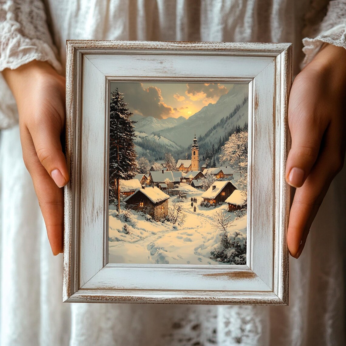 Silent Night Snowy Alpine Village Church Winter Evening Poster - Image 3