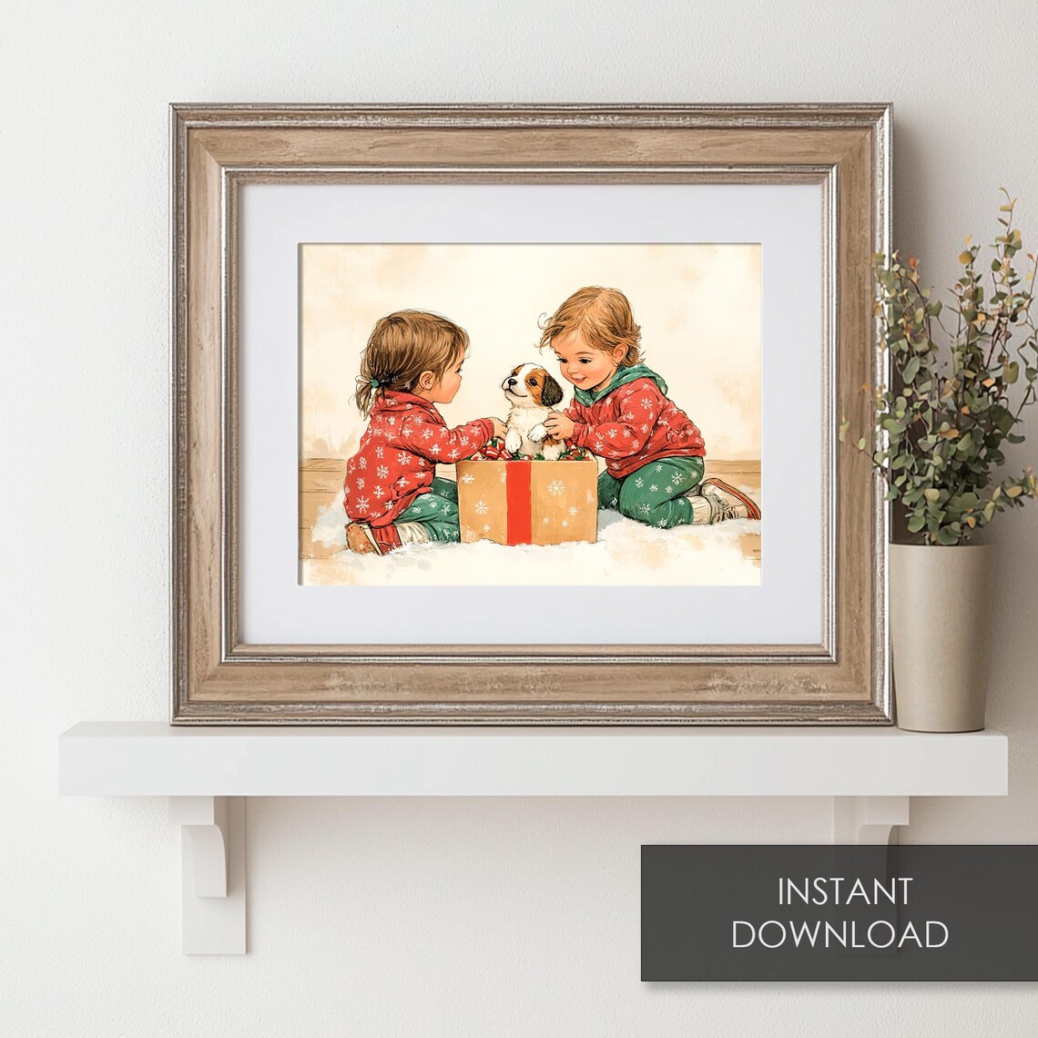 Christmas Morning Children with Puppy in Gift Box Vintage Poster - Image 6