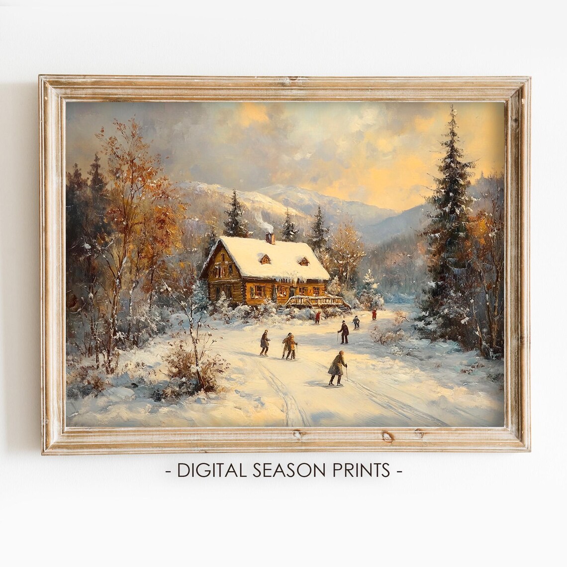 Snowy Mountain Cabin Skiers Sunset Vintage Winter Art Poster