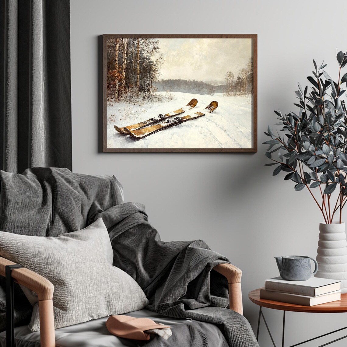 Vintage Wooden Skis Snowy Birch Forest Winter Scene Art Poster - Image 4