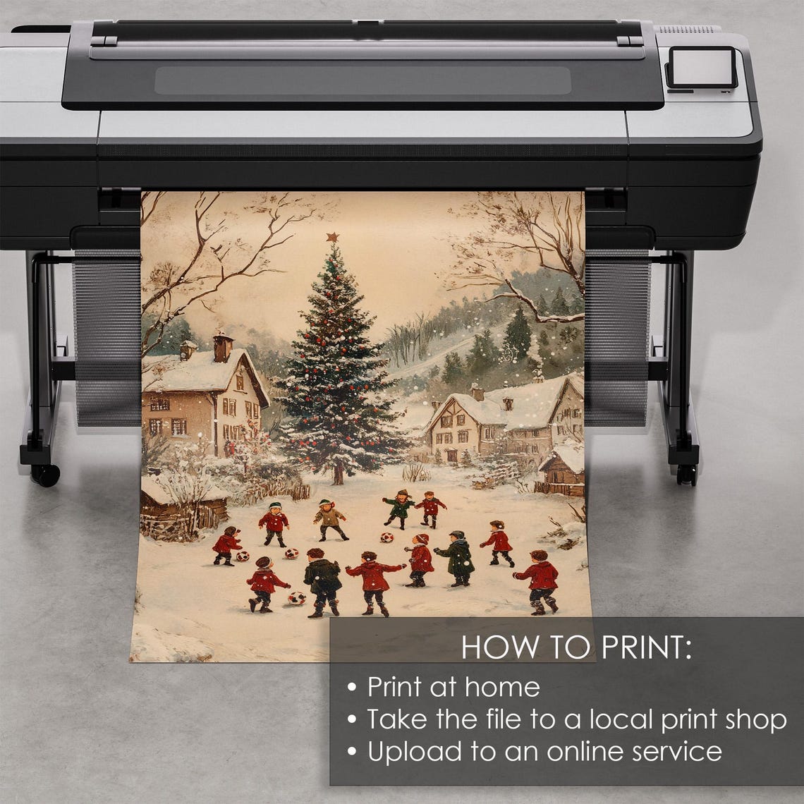 Kids Playing Soccer in Snow Under Big Christmas Tree Vintage Poster - Image 5