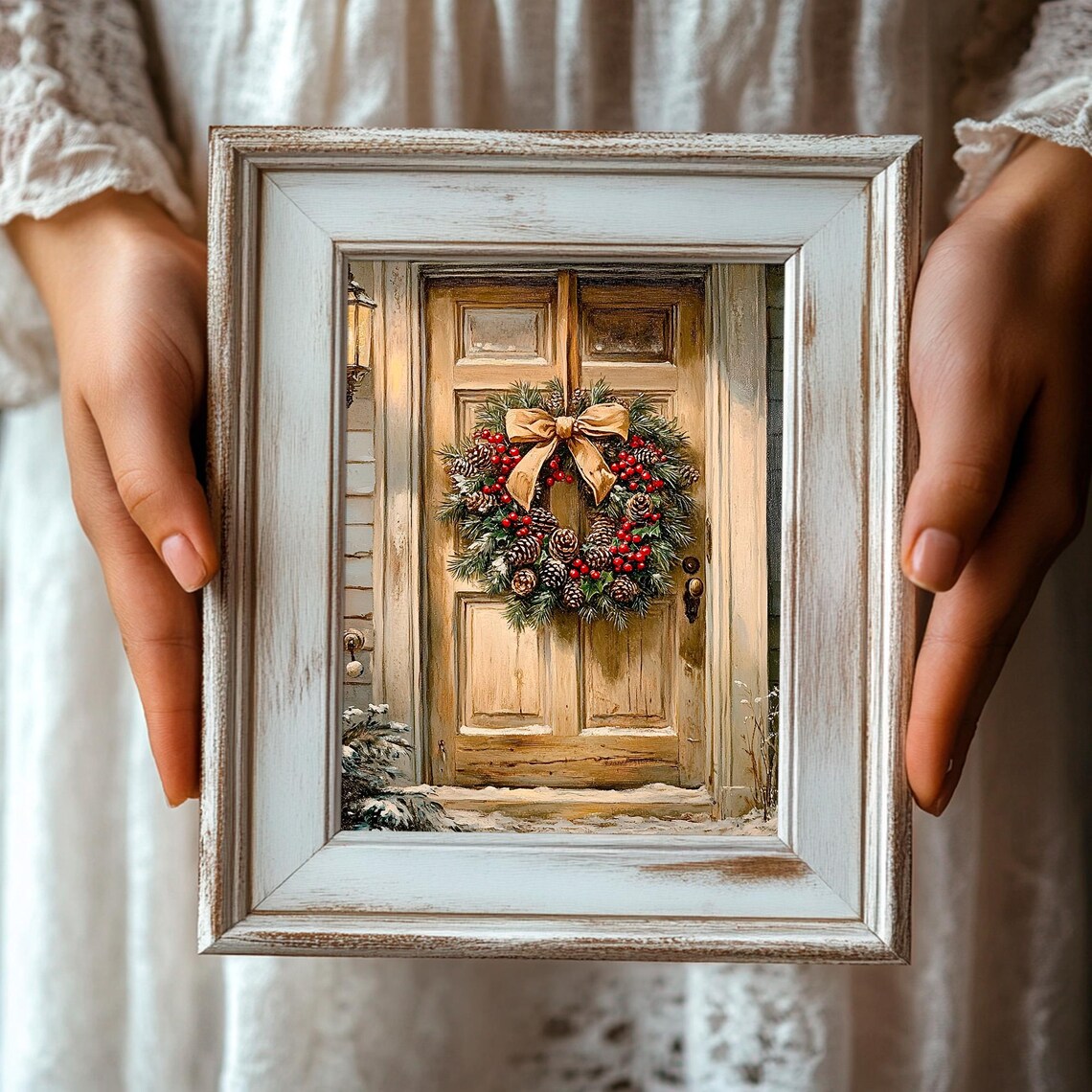 Christmas Wreath With Red Berries And Gold Bow On Wooden Door Poster - Image 3