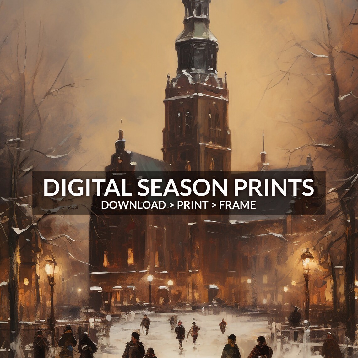 Snowy Old Church Town Square Winter Evening Oil Painting Wall Art - Image 6