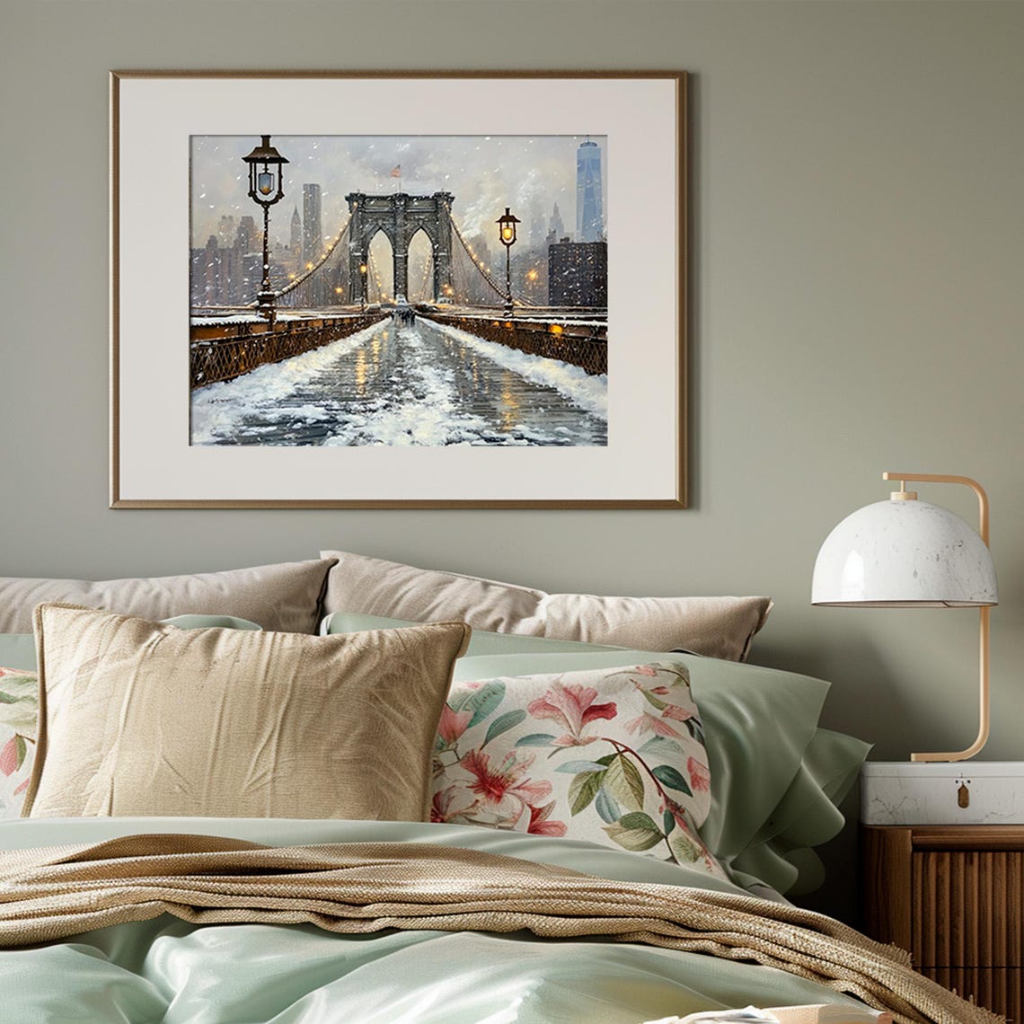 Brooklyn Bridge In Falling Snow At Dusk With Lampposts New York Poster - Image 3