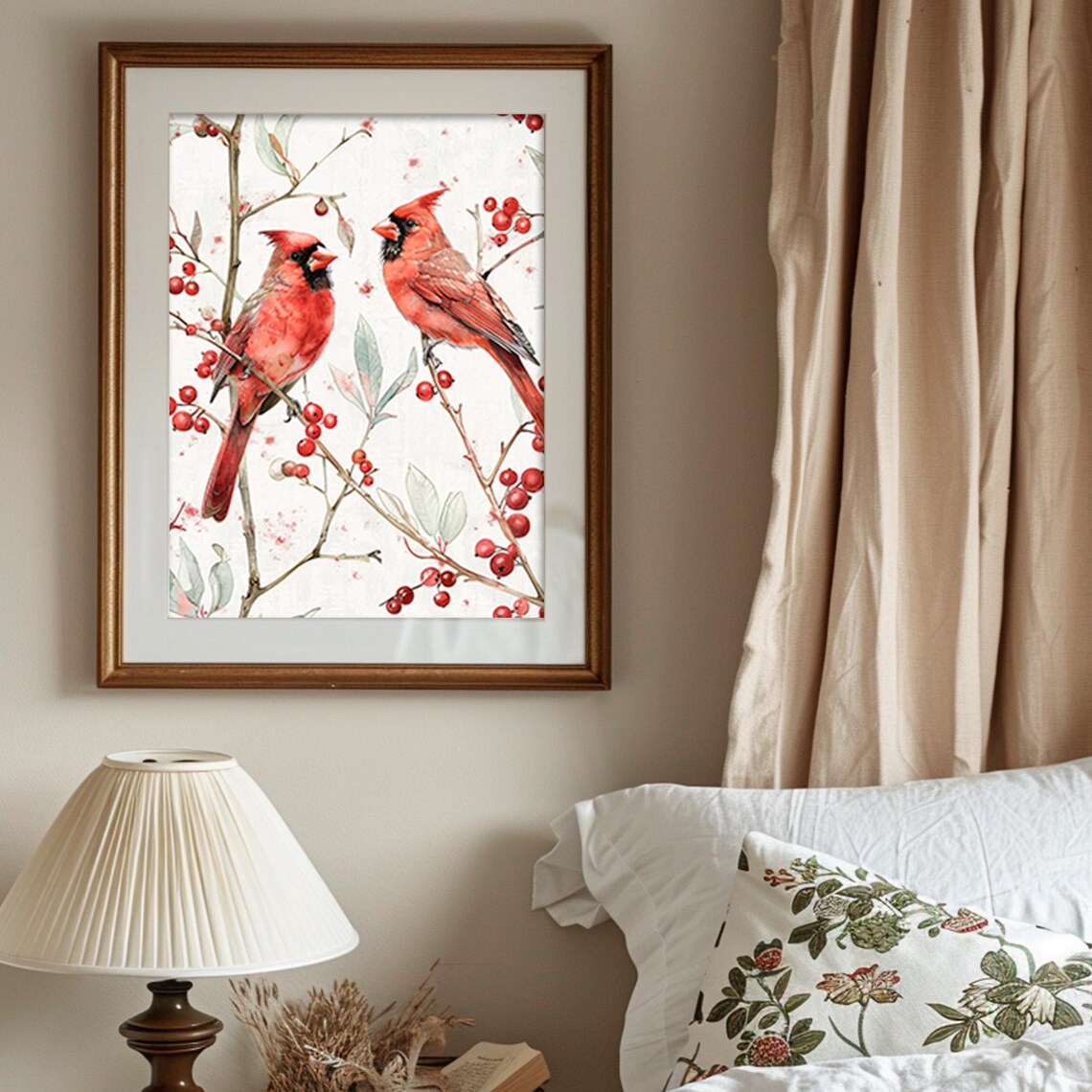 Two Red Cardinals on Berry Branch Watercolor Winter Birds Poster - Image 5