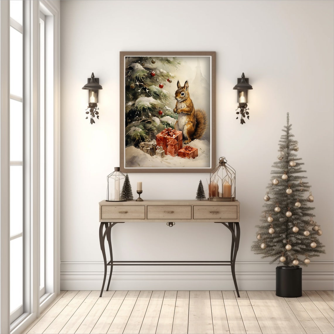 Red Squirrel With Christmas Gifts Under Snowy Pine Tree Print - Image 3
