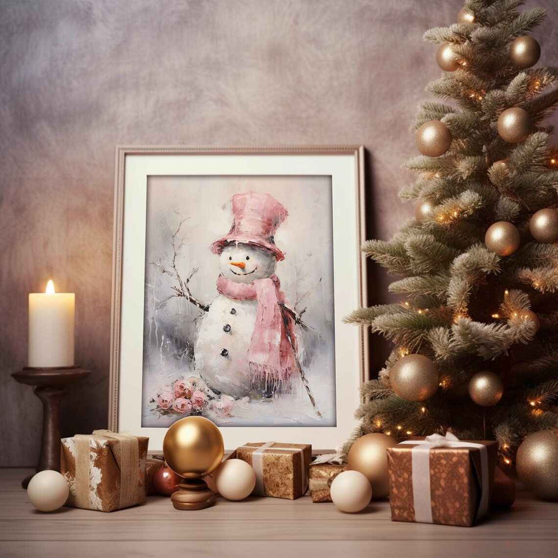 Vintage Pink Snowman with Pink Hat Scarf Roses Holiday Poster - Image 4