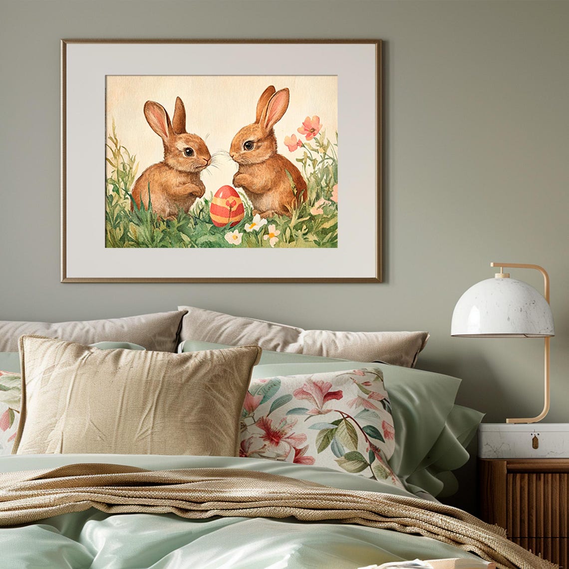 Two Easter Bunnies With Striped Egg In Spring Meadow Artwork Poster - Image 3
