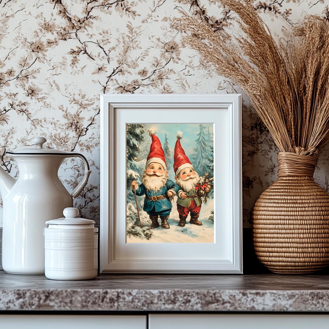 Two Vintage Christmas Gnomes Walking In A Snowy Forest Poster - Image 4
