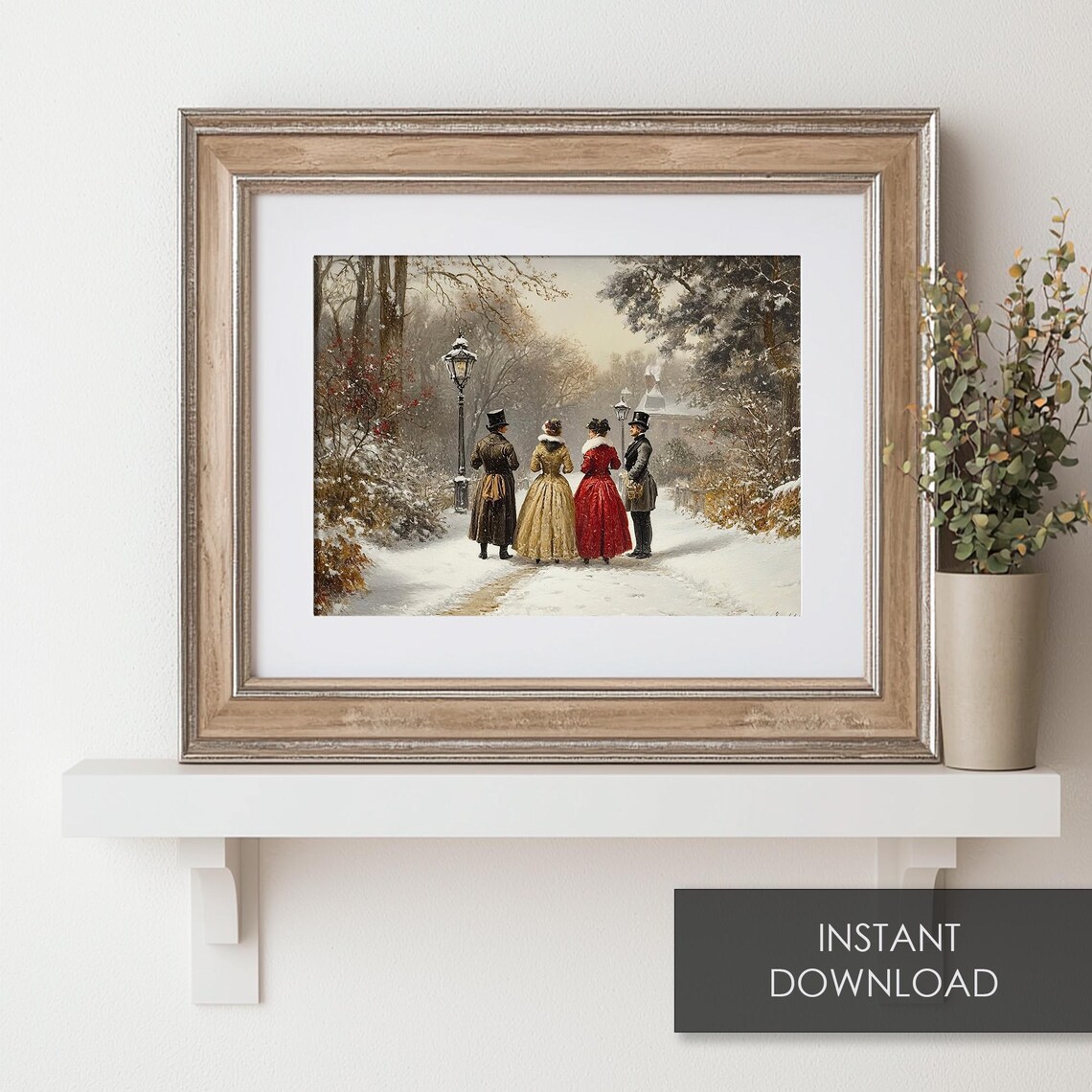 Victorian Couples Winter Stroll Snowy Park Antique Christmas Art Print - Image 6