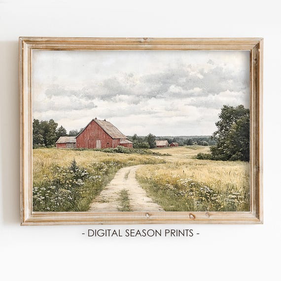 Farmhouse Red Barn Wildflower Landscape Art Print