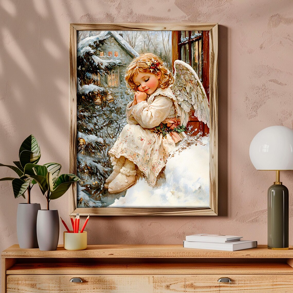 Vintage Praying Angel Child Snowy Winter Window Christmas Print - Image 6
