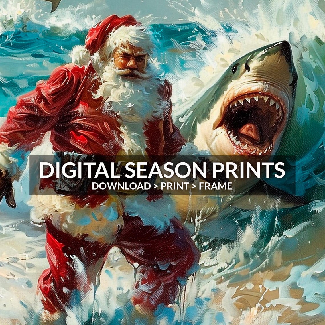 Funny Santa Running From Sharks Tropical Beach Christmas Print - Image 4