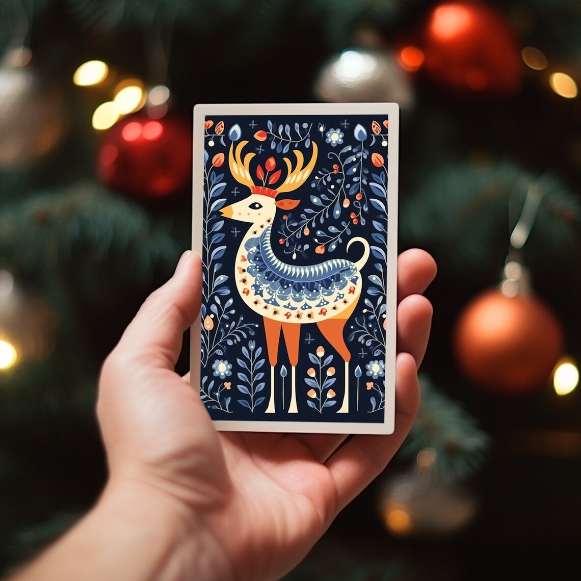 Scandinavian Folk Art Deer Navy Floral Nordic Holiday Animal Poster - Image 4