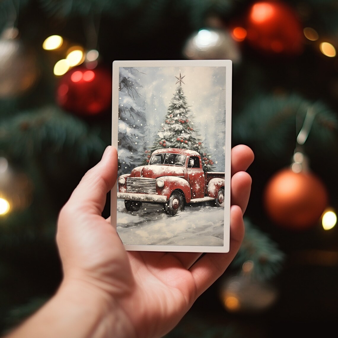 Red Vintage Truck Christmas Tree Snowy Road Retro Holiday Art Print - Image 3