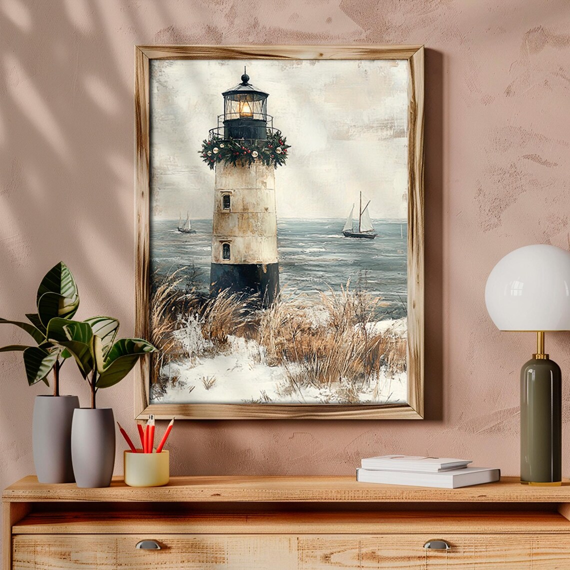 Coastal Lighthouse Christmas Garland Sailboat Winter Seascape Print - Image 5