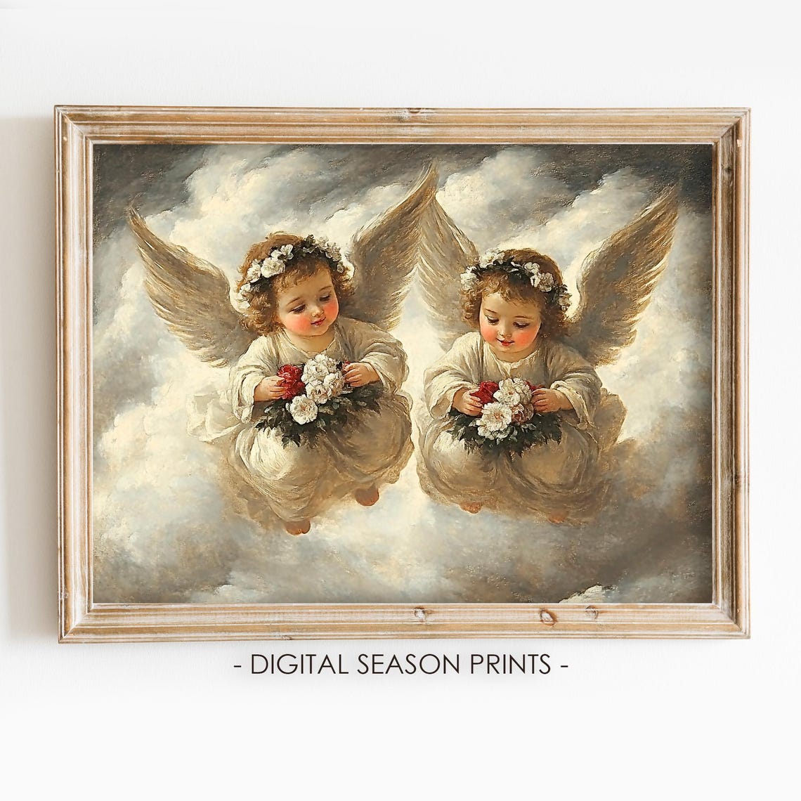 Vintage Cherub Angels in Clouds Holding Flowers Classical Print