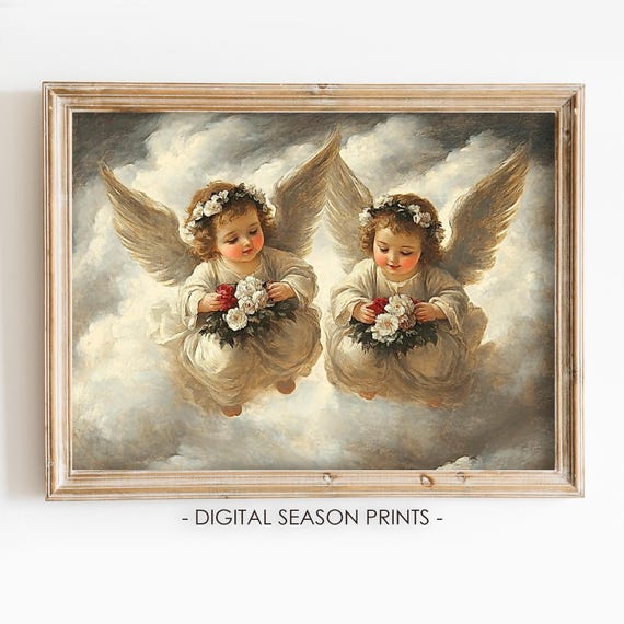 Cupid With Flowers Vintage Biblical Scene Painting Neutral Angel Print Religious Wall Art Print