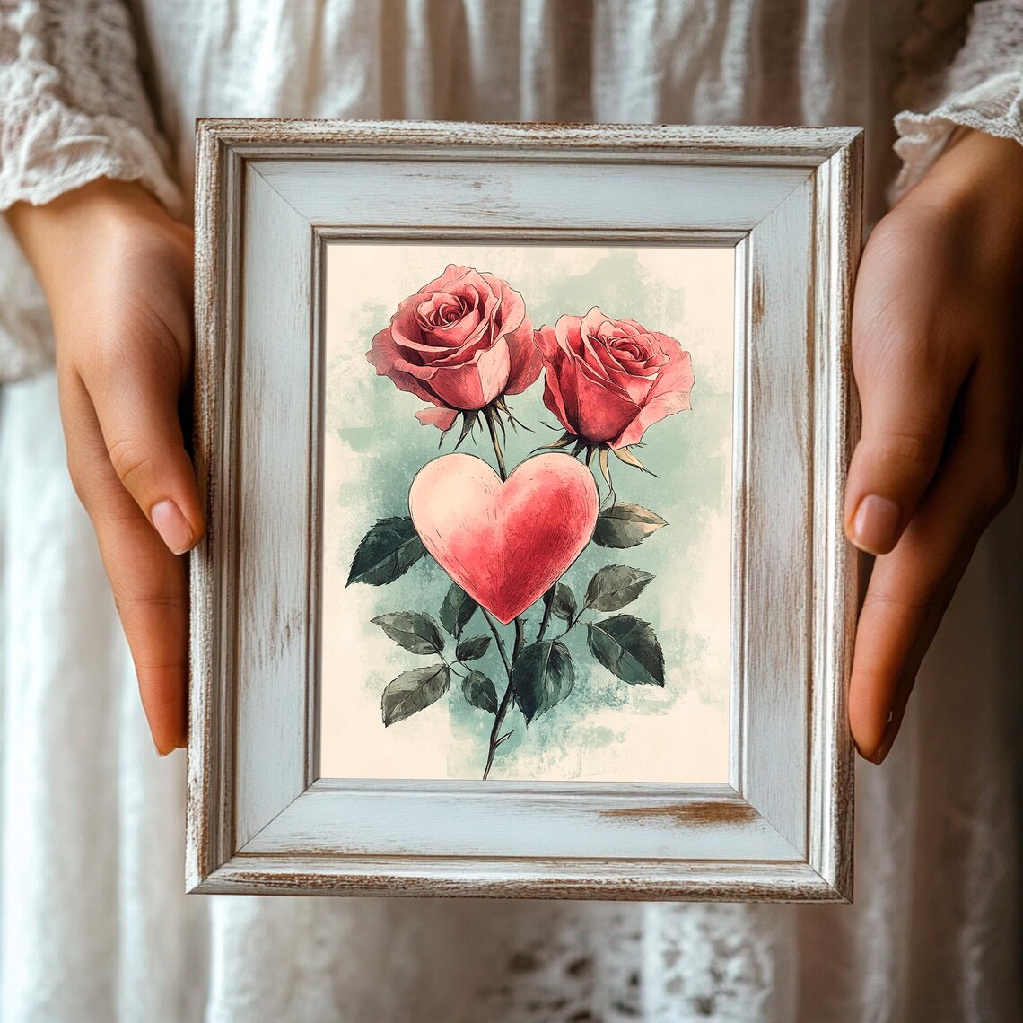 Pink Roses With Red Heart Watercolor Romantic Valentines Day Print - Image 3