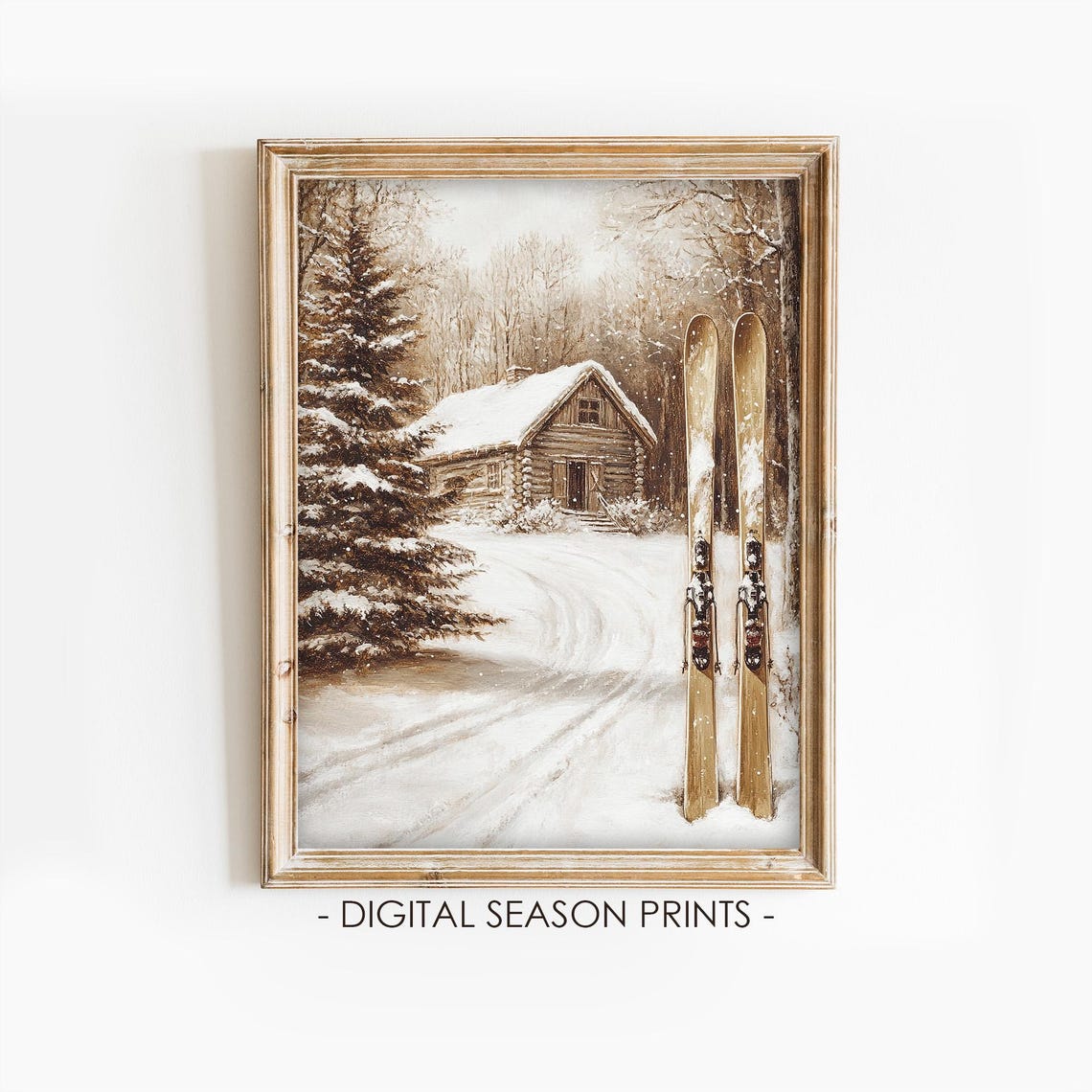 Rustic Log Cabin With Vintage Skis In Snow Winter Christmas Poster