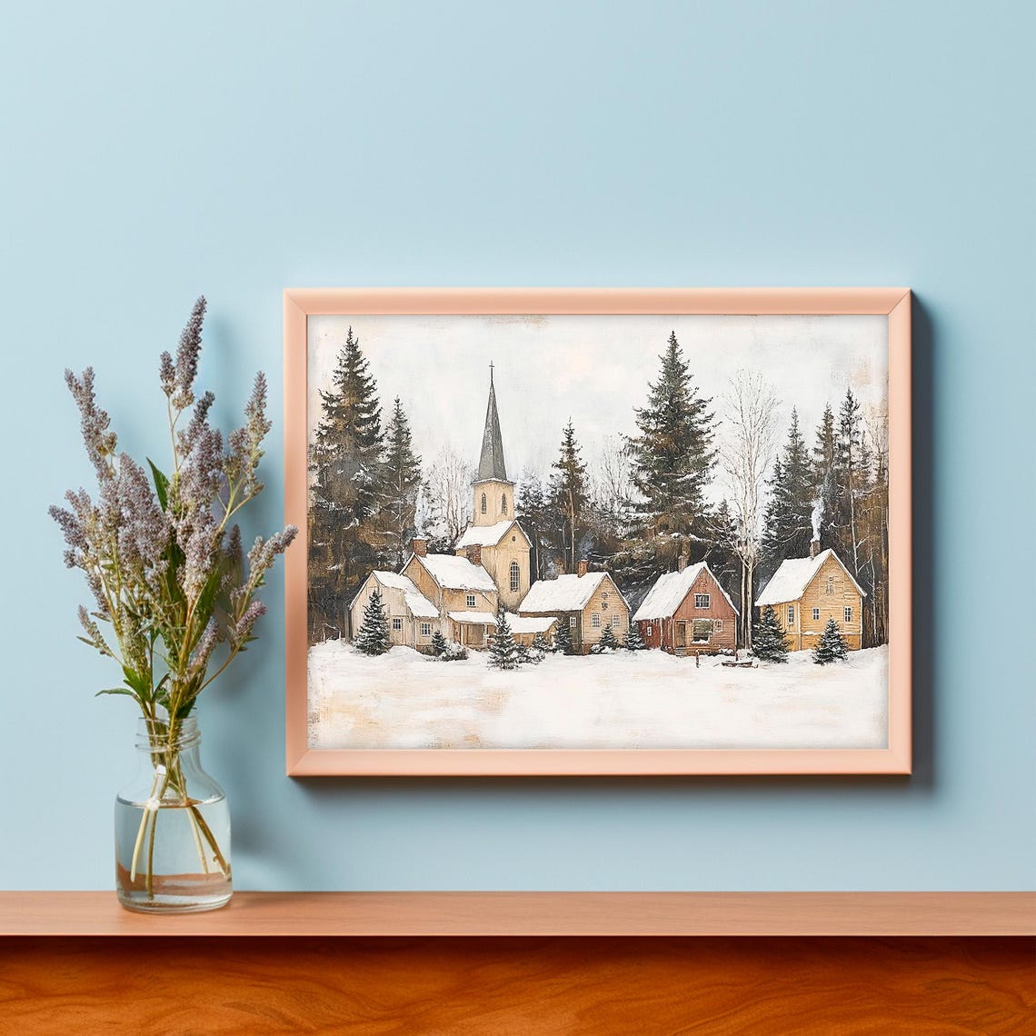 Winter Country Church Print Vintage Christmas Wall Art Snowy Landscape Painting Farmhouse Wall Decor Scandinavian Village - Image 3