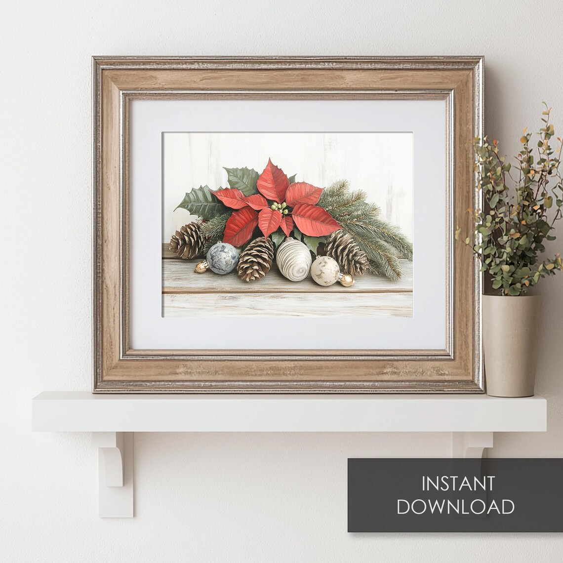 Red Poinsettia Christmas Floral Pinecones Vintage Holiday Poster - Image 6