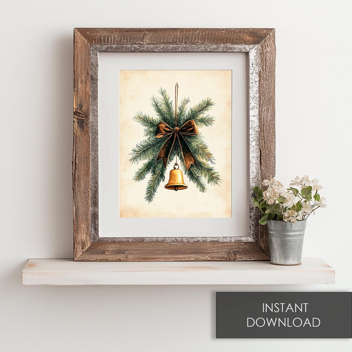 Vintage Golden Christmas Bell With Pine Branches And Bow Poster - Image 6