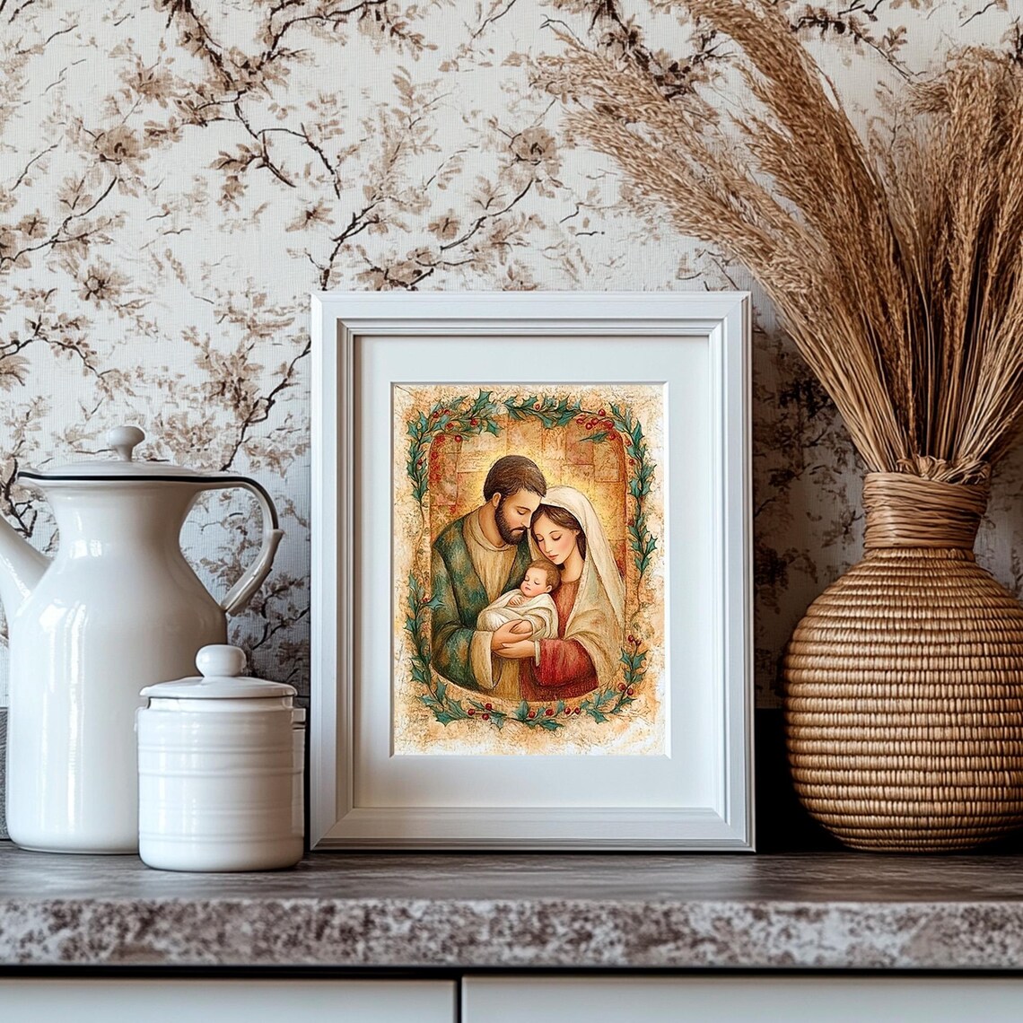 Holy Family Nativity Mary Joseph Baby Jesus Holly Christmas Art Print - Image 3