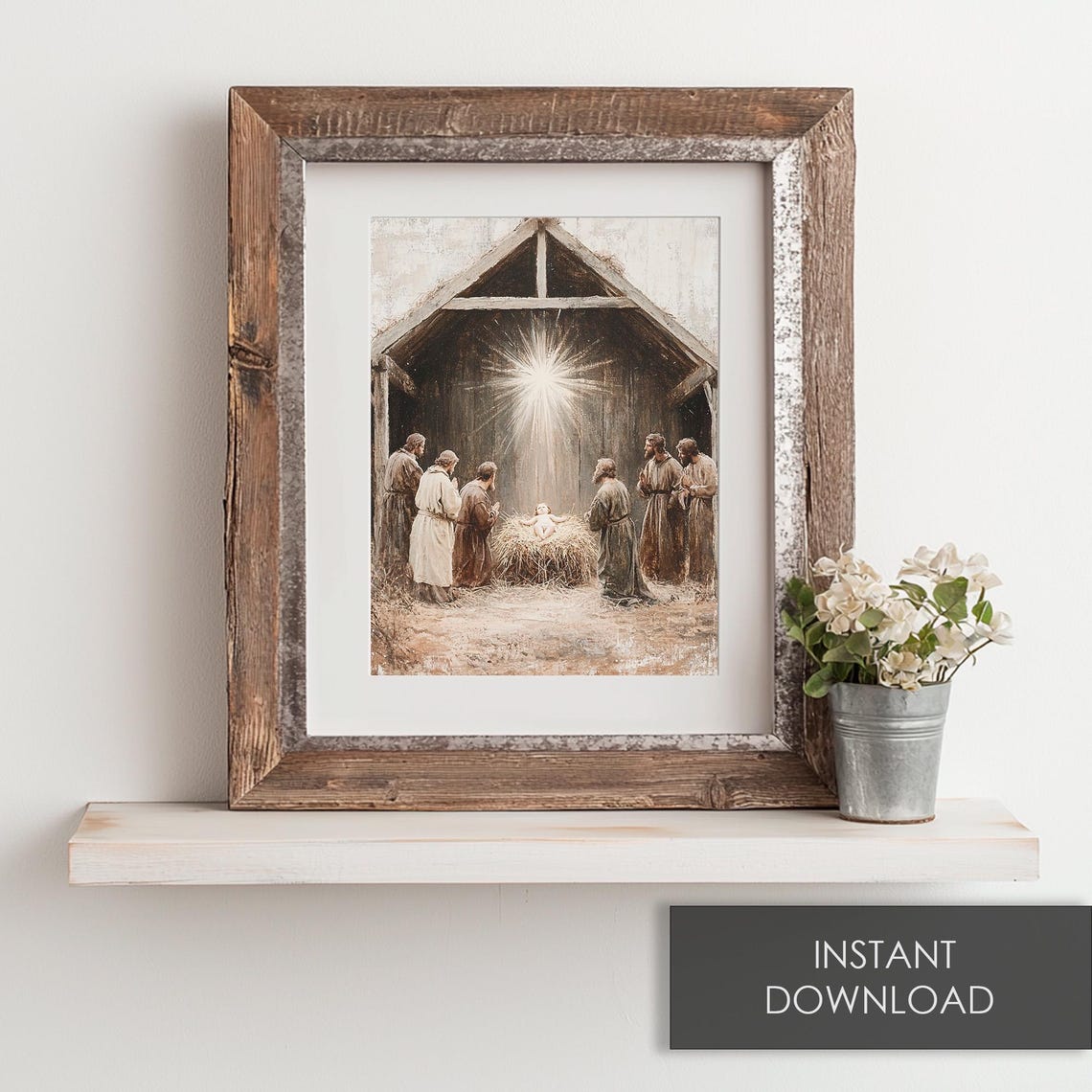 Shepherds Gathered At The Manger Nativity Scene With Star Poster - Image 6