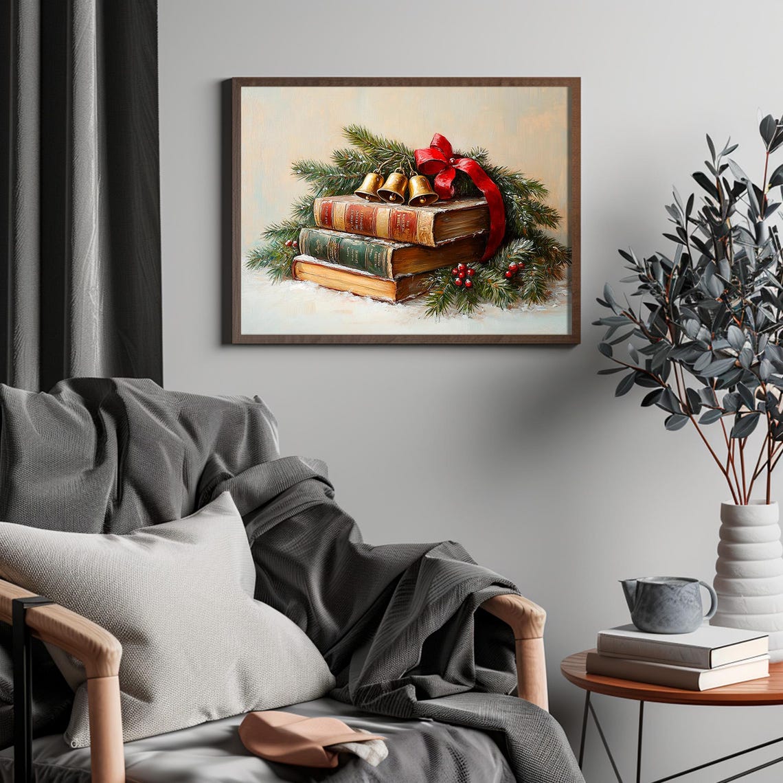 Christmas Books with Jingle Bells Red Ribbon Vintage Holiday Poster - Image 4