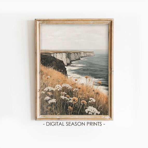 White Sea Cliffs With Wildflowers Moody Coastal Landscape Poster