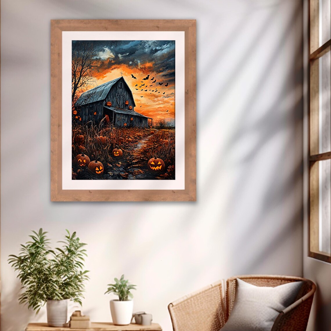 Spooky Halloween Barn Jack O Lanterns Bats Fiery Sunset Pumpkin Art Poster - Image 2