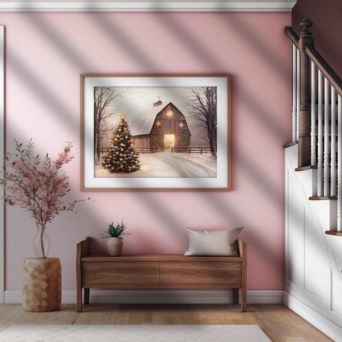 Glowing Christmas Barn with Lit Tree in Snow Rustic Holiday Poster - Image 2