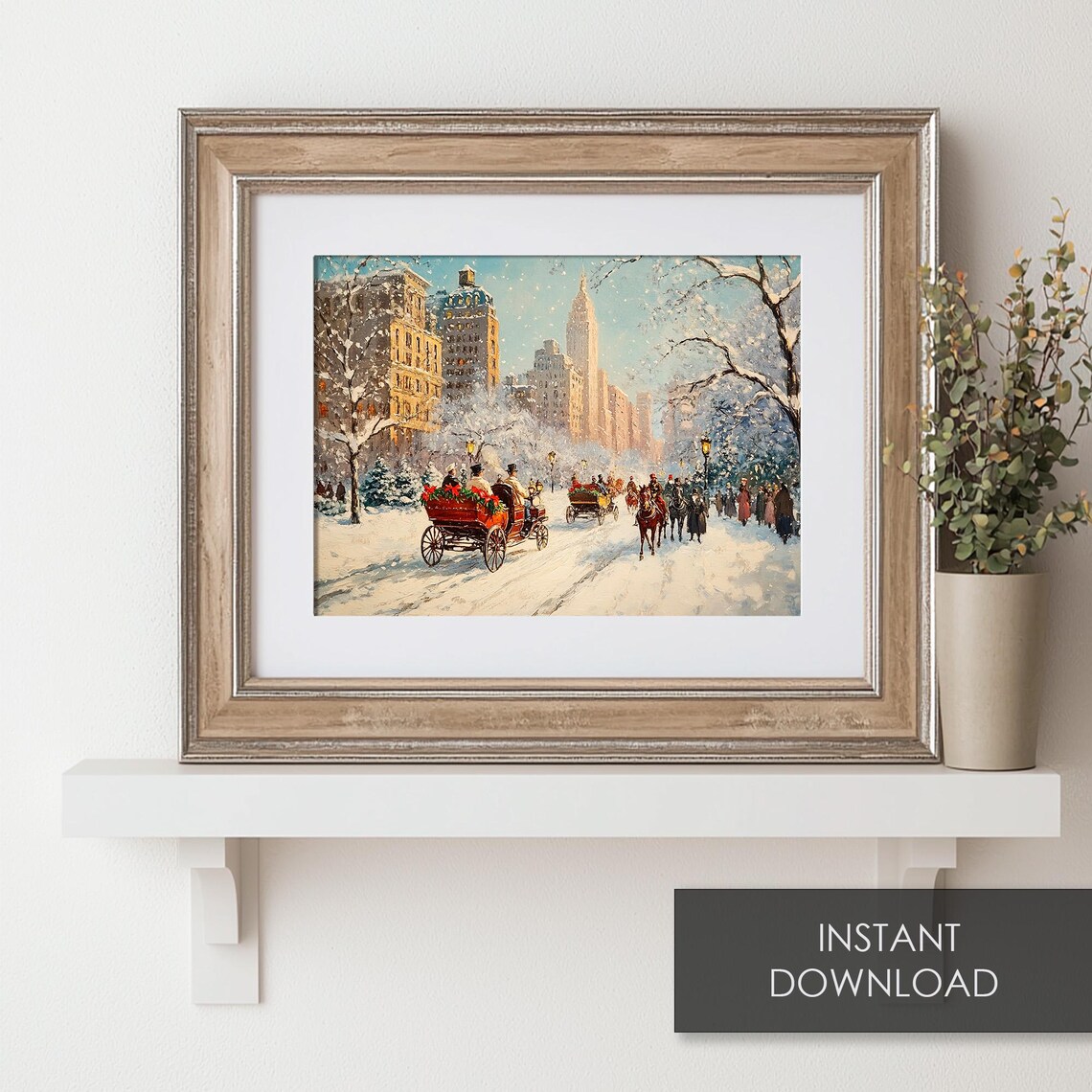 Vintage Snowy City Street Horse Carriages Christmas Painting Poster - Image 6