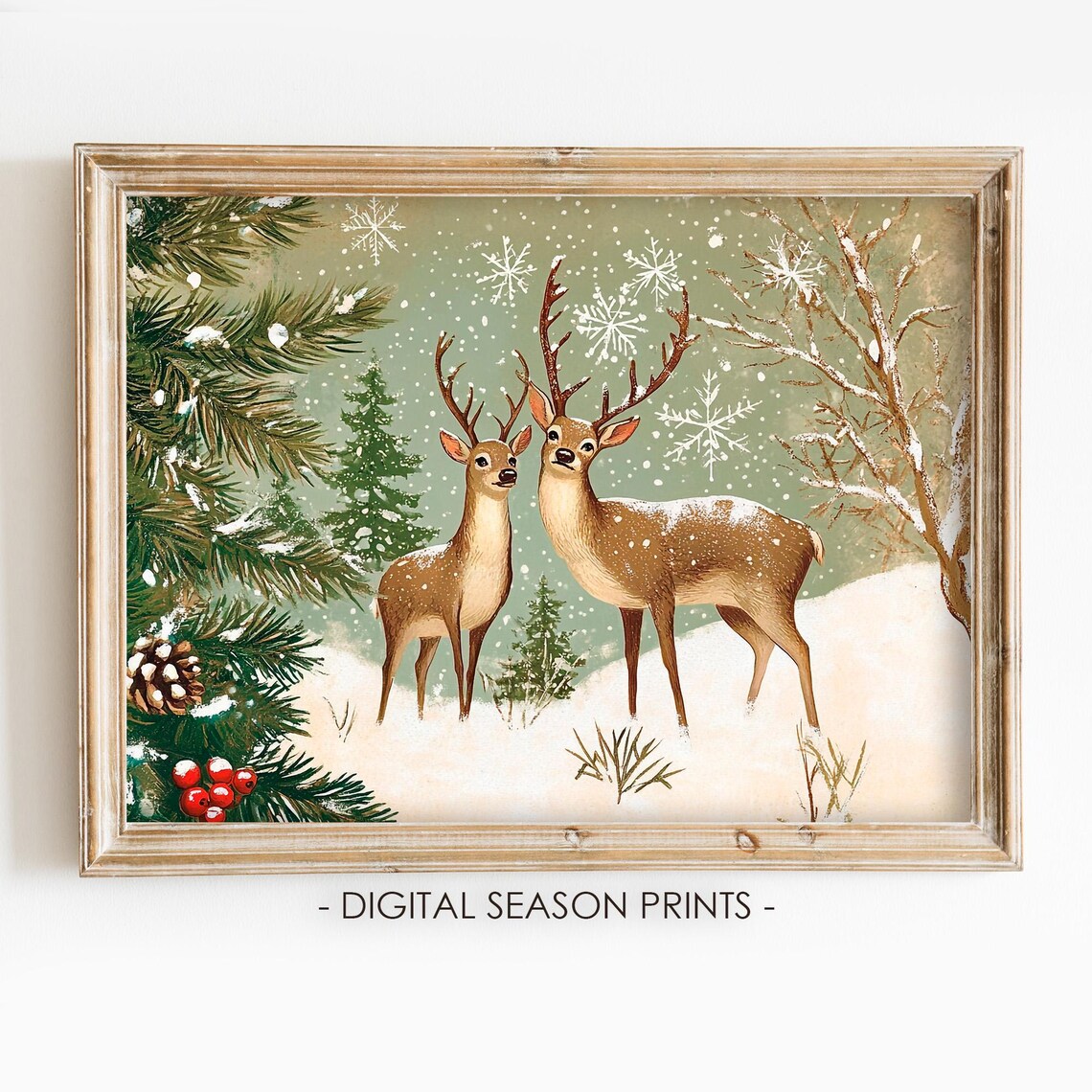 Deer Couple Snowy Forest Vintage Christmas Winter Woodland Poster