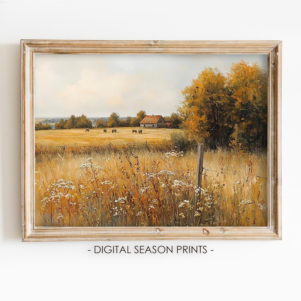 Horses Grazing in Golden Field Autumn Farmhouse Vintage Poster