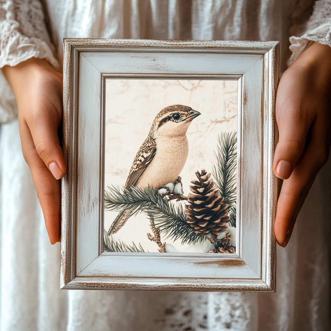 Songbird on a Snowy Pine Branch with Pinecones Vintage Winter Poster - Image 3