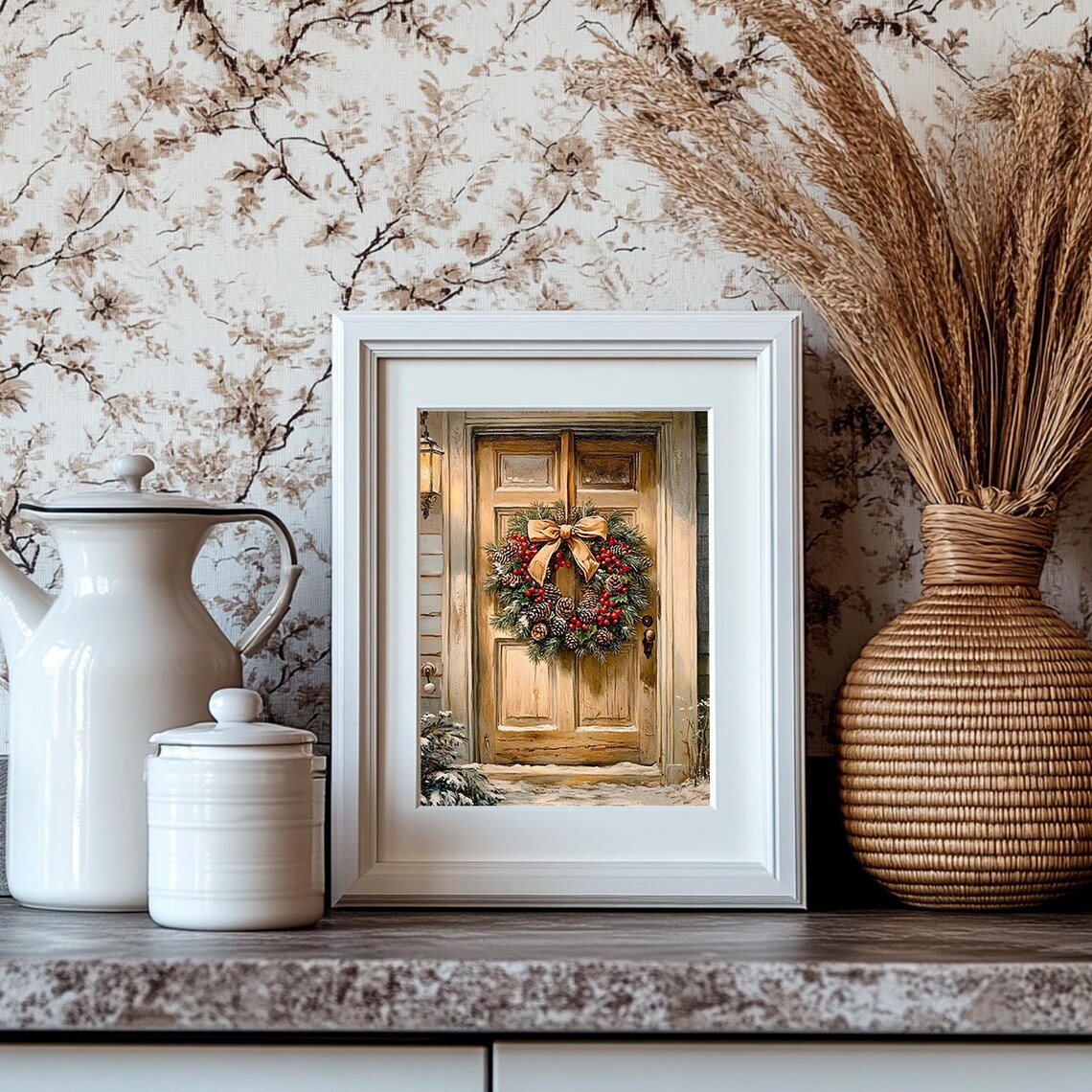 Christmas Wreath With Red Berries And Gold Bow On Wooden Door Poster - Image 4